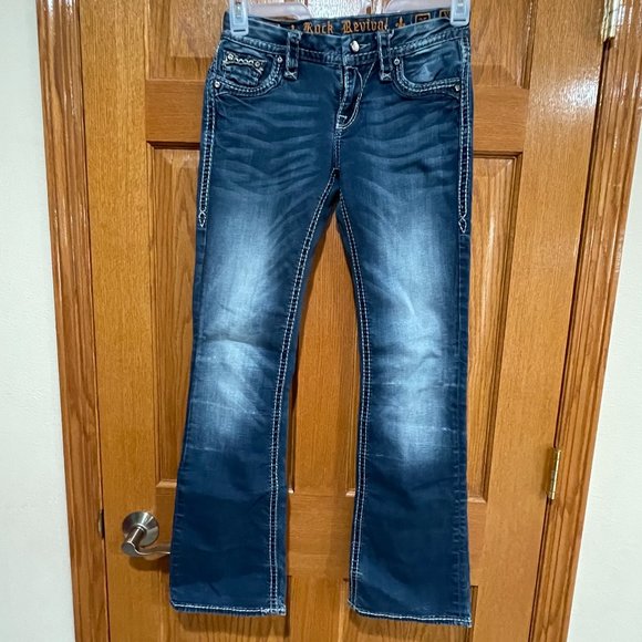 ROCK REVIVAL Women’s 25 Victoria Easy Bootcut Jeans Flap Pockets Blue Denim